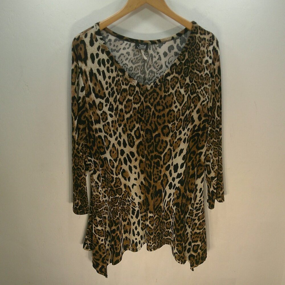 Jostar USA Leopard Print V-Neck Tunic Top Handkerchief Hem 3/4 Sleeve SZ XL